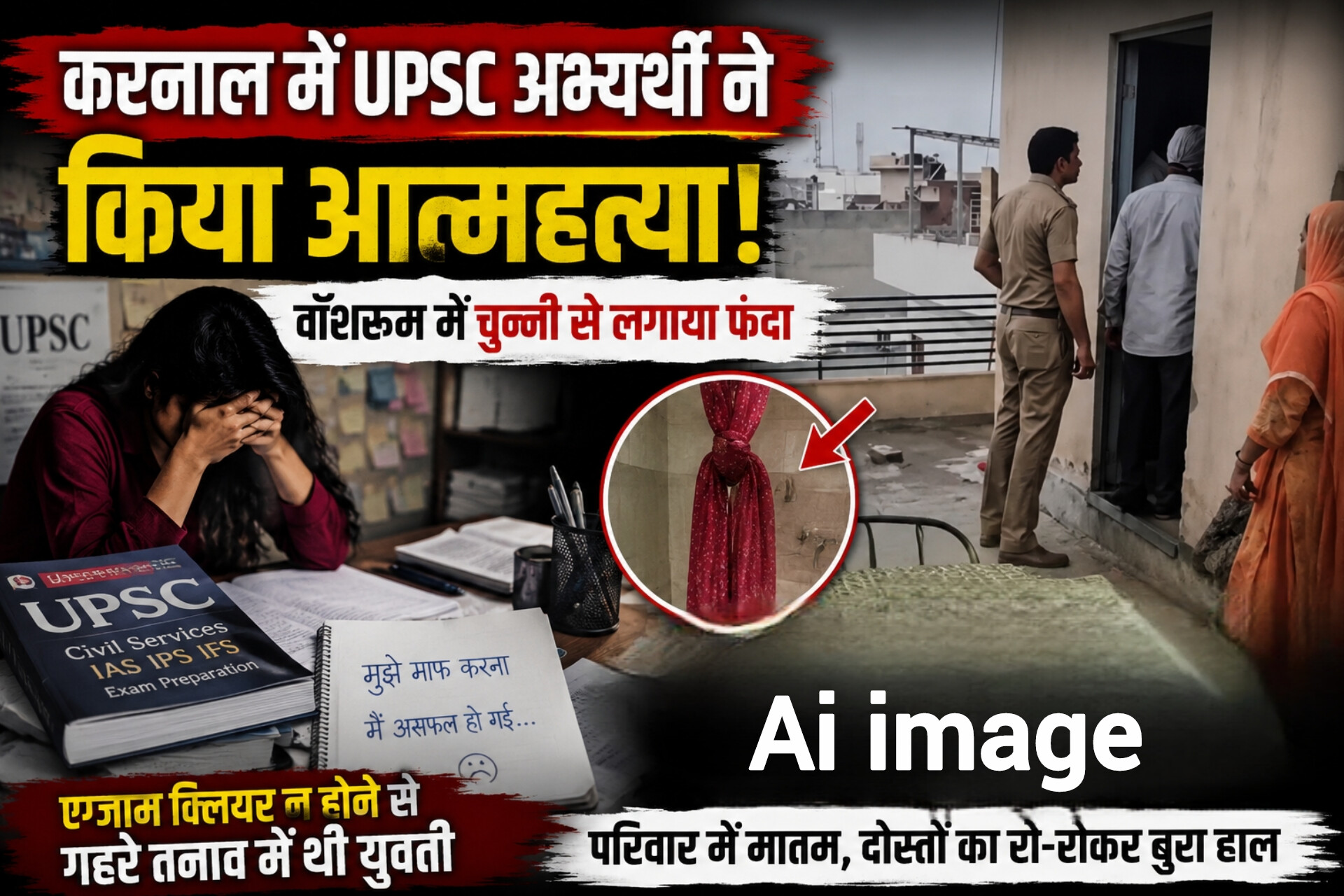 करनाल में UPSC अभ्यर्थी ने किया सुसाइड: वॉशरूम में चुन्नी से फंदा लगाया, एग्जाम क्लियर न होने से गहरे तनाव में थी युवती