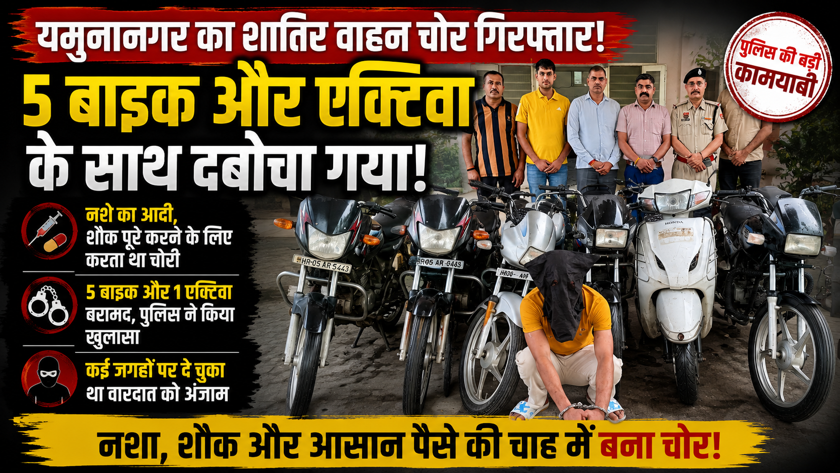 5 बाइक और एक्टिवा के साथ यमुनानगर का शातिर वाहन चोर गिरफ्तार, नशे और शौक के लिए करता था चोरी