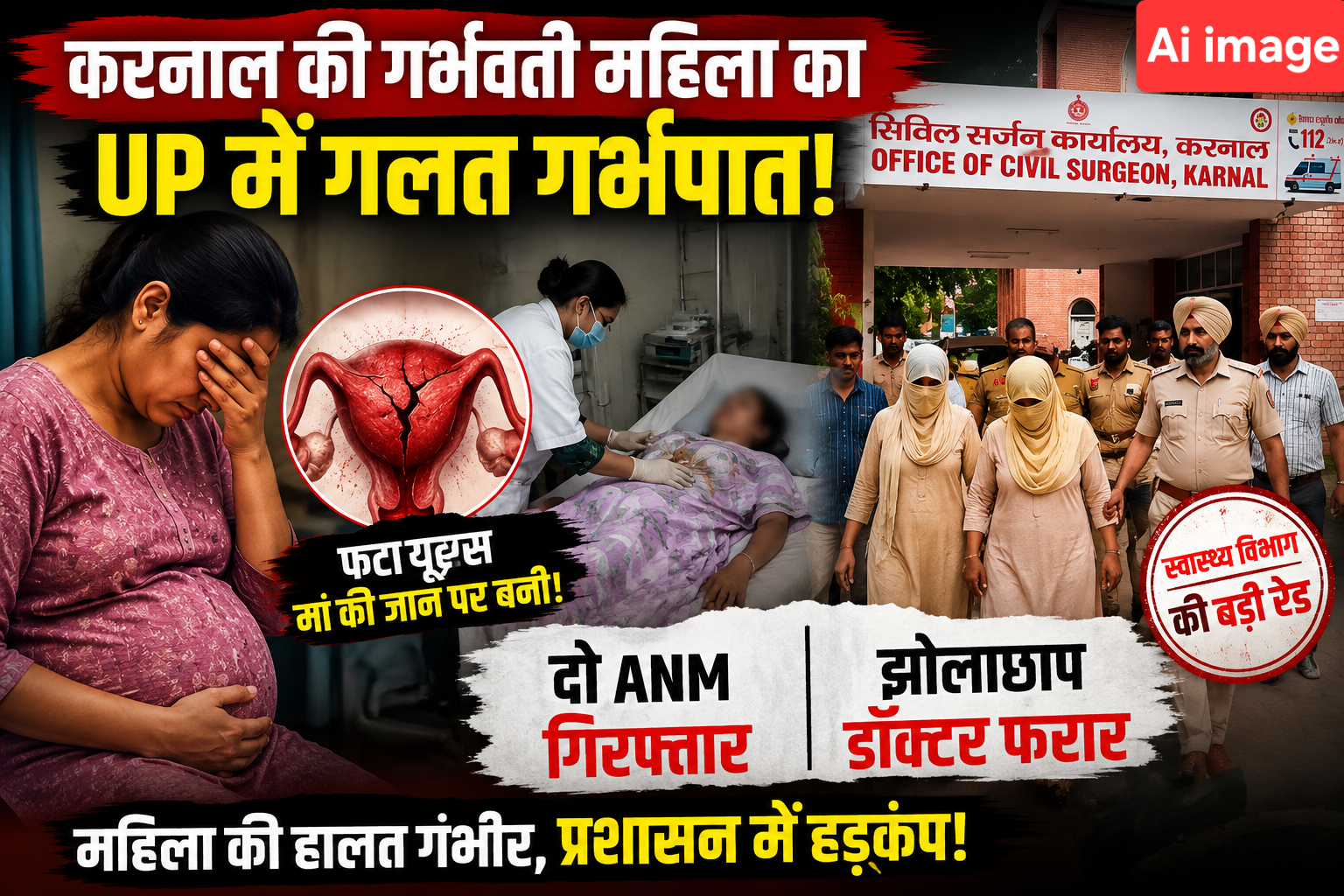 करनाल की गर्भवती महिला का UP में गलत गर्भपात, फटा यूट्रस: स्वास्थ्य विभाग की बड़ी रेड, दो ANM गिरफ्तार; झोलाछाप डॉक्टर फरार